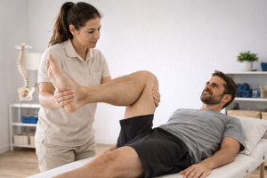 Fisioterapeuta valorando señales de alarma en dolor lumbar con exploración de piernas