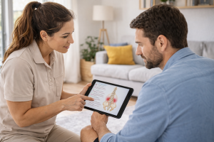 Fisioterapeuta a domicilio en Valencia valorando síntomas y señales de alerta de dolor lumbar