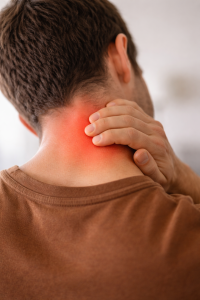 Persona con dolor cervical sujetándose el cuello mostrando zona de dolor en trapecio y cuello