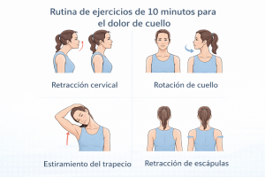Infografía con ejercicios para dolor cervical en casa con rutina de 10 minutos paso a paso