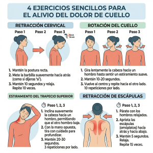 Infografía de ejercicios para dolor cervical en casa con retraccion cervical rotacion estiramiento trapecio y fortalecimiento escapular