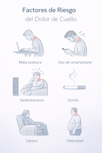 infografia con factores de riesgo del dolor cervical como postura sedentarismo y uso de pantallas