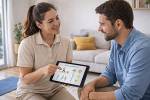 Fisioterapeuta a domicilio mostrando en tablet un plan de ejercicios y hábitos saludables para tratar el dolor lumbar