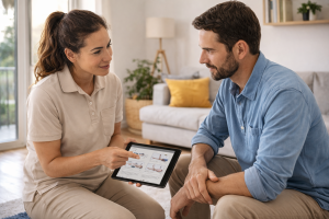 Fisioterapeuta a domicilio en Valencia guiando ejercicios para dolor lumbar crónico
