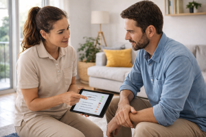 Fisioterapeuta a domicilio en Valencia evaluando factores de riesgo de dolor lumbar