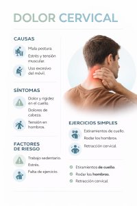 Infografia sobre dolor cervical con causas sintomas factores de riesgo y ejercicios para el cuello