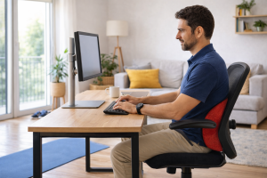 Puesto de trabajo ergonómico en casa con silla lumbar y pantalla a la altura de los ojos para prevenir dolor lumbar