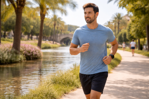 Persona corriendo suavemente en un parque de Valencia para prevenir dolor lumbar