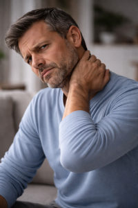 persona con dolor cervical y expresión de preocupación posible señal de alarma