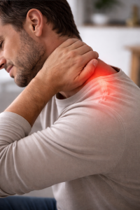 persona con sobrecarga muscular en cuello y trapecio por dolor cervical