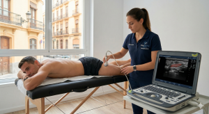 Fisioterapeuta realizando ecografía musculoesquelética a domicilio en Ruzafa, Valencia - FisioForYou