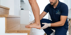 Primer plano clínico de ejercicio excéntrico de talones para prevención de tendinitis de Aquiles ejecutado por runner con polo de FisioForYou en Ruzafa, Valencia - Técnica correcta (talón descendiendo)