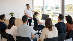 Fisioterapeuta de FisioForYou impartiendo un taller de ergonomía laboral a trabajadores de una empresa en Valencia
